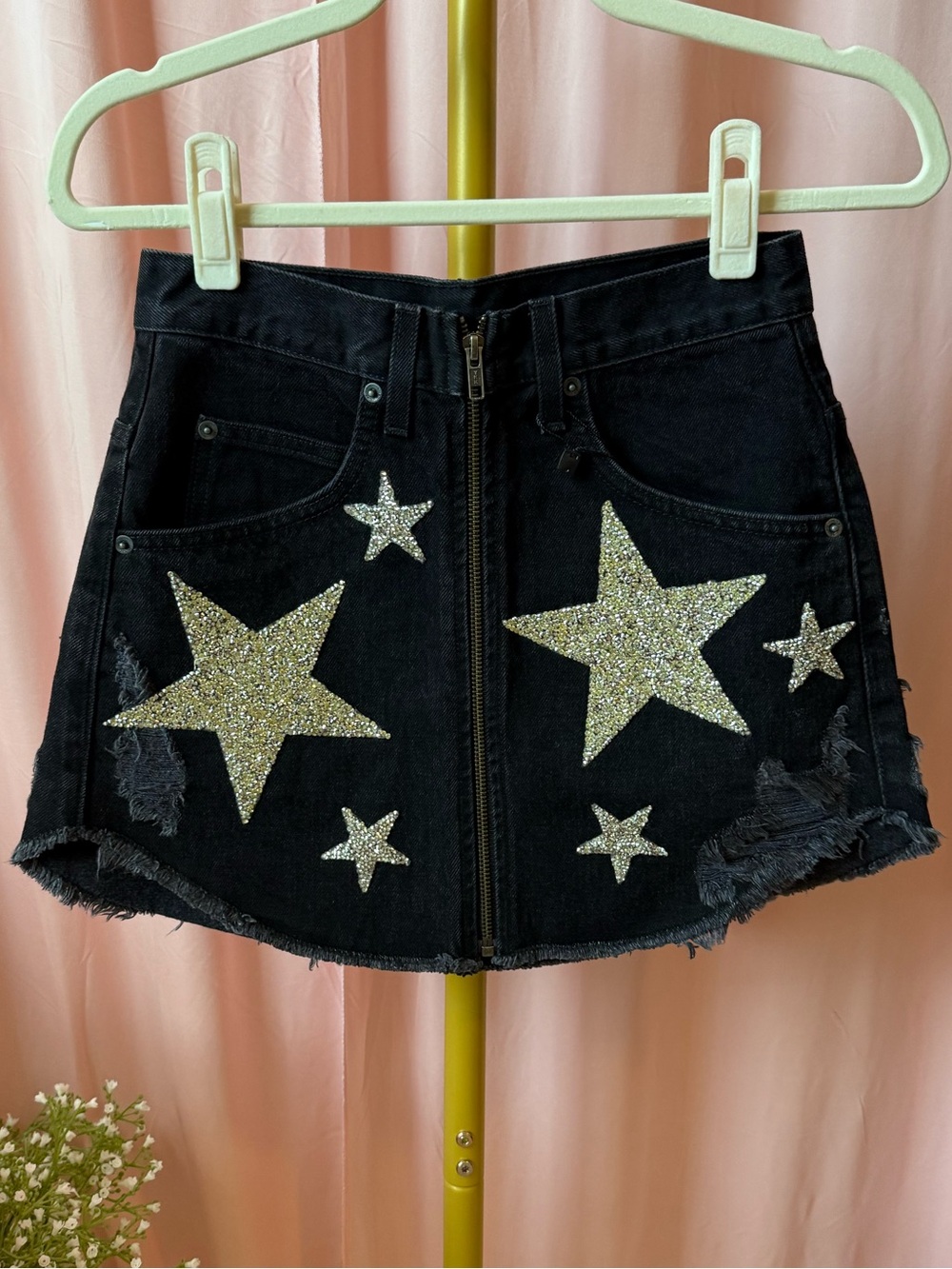 CARMAR Los Angeles Beatrice Rhinestone Studded Star Cotton Denim Mini Skirt 25